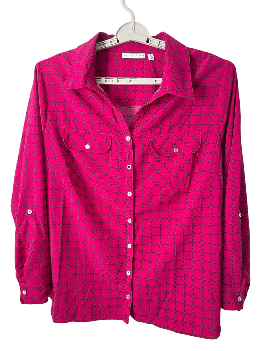 Notations Woman Button Down Long Sleeve Blouse Pink/black Cross Pattern 2X